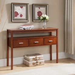 Budget ???? K&B Furniture K&B Furniture Walnut Wood 3 Drawer Console Table With Shelf ⭐