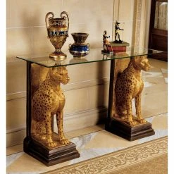 Coupon 😍 Resin Design Toscano Royal Egyptian Cheetahs Sculptural Glass-Topped Console 👍